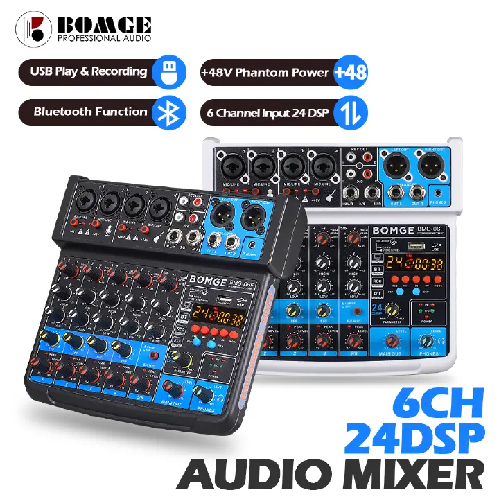 BOMGE 4 Channel mini DJ Audio Sound Mixer Interface with MP3、 USB, Bluetooth , Stereo Recording, 48V Phantom Power, 24 DSP for karaoke, performance, church singing ,  streaming