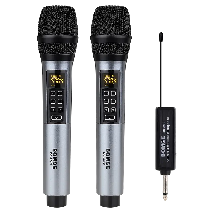 BOMGE UHF Wireless Microphone, Dual Cordless Metal Dynamic Microphone System with Rechargeable Receiver and mic,Suitable for Karaoke Singing, Wedding, DJ, Party, Lecture, Church, Classroom,80M