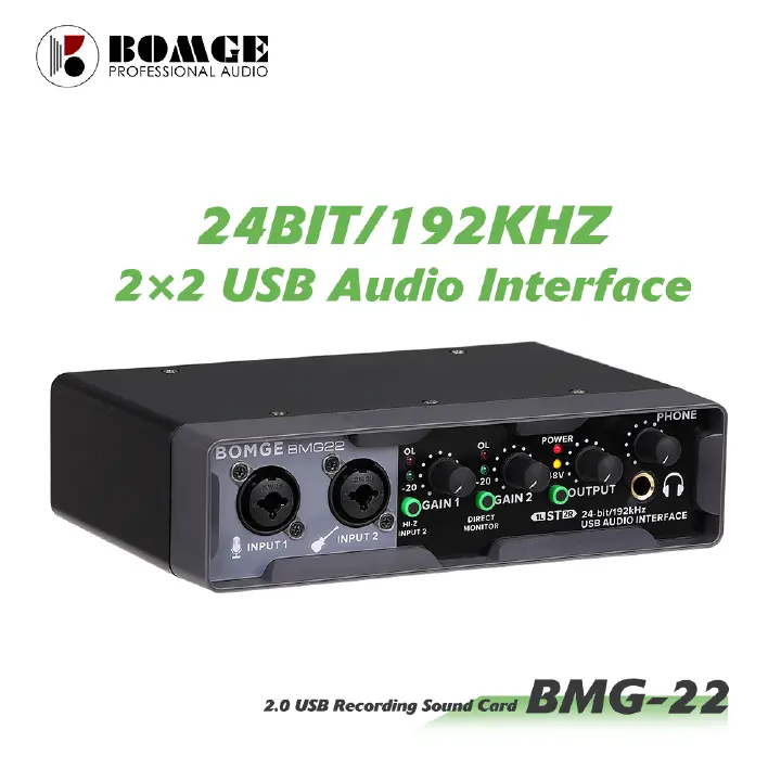 BOMGE USB Audio Interface(24 bit/192 kHz) with XLR, phantom power , Direct Monitoring , Loopback for PC Recording, Streaming,Guitarist, Vocalist,and Podcasting