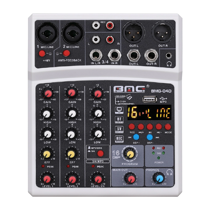 BOMGE 4 channel 16 DSP Echo dj audio sound mixer interface mixing console karaoke with MP3 USB Bluetooth, stereo record, 48V phantom power, 5V power supply