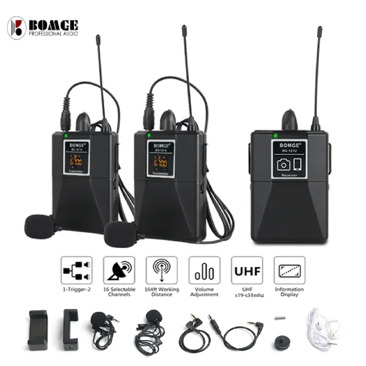 BOMGE 2 Transmitter Wireless Lavalier Lapel Microphone System/Headset Mic/Interview Mic，for iPhone, Android Smartphones