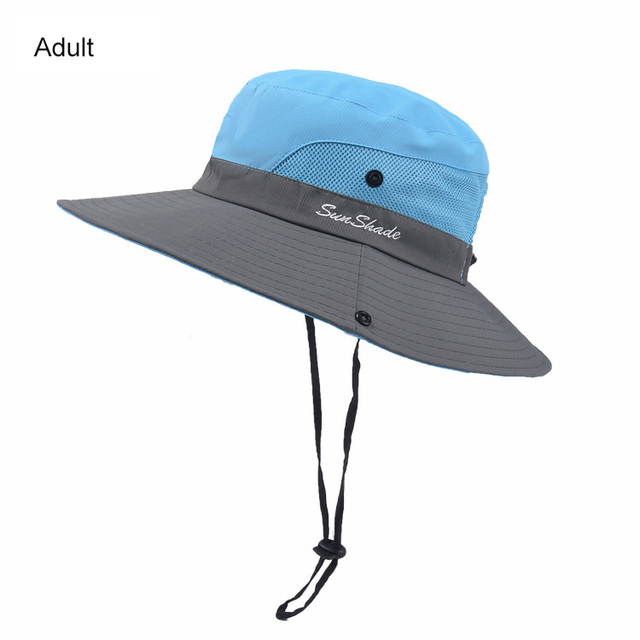Women's Summer Sun Bucket Hats Ponytail UV Protection Safari Hiking Wide Brim Beach Foldable Mesh Fishing Cap Large Wide Brim