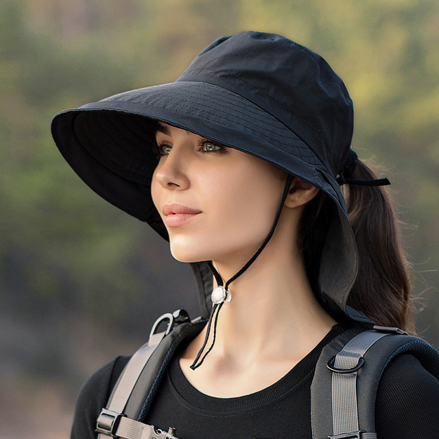 Summer Women Wide Brim Bucket Hat With Neck Flap Fashion Bow Sun Hat Female Ponytail Beach Caps UV Protection Hiking Fishing Cap