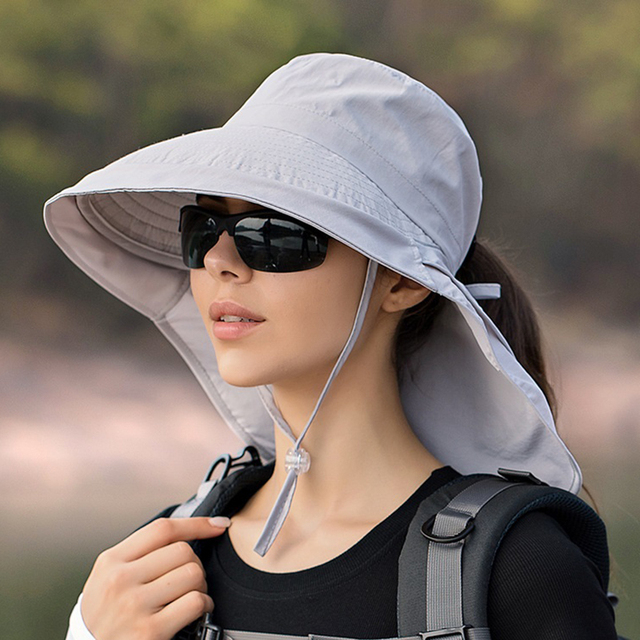 Summer Women Wide Brim Bucket Hat With Neck Flap Fashion Bow Sun Hat Female Ponytail Beach Caps UV Protection Hiking Fishing Cap