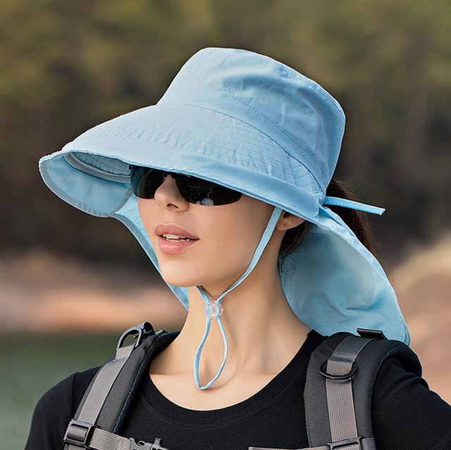 Summer Women Wide Brim Bucket Hat With Neck Flap Fashion Bow Sun Hat Female Ponytail Beach Caps UV Protection Hiking Fishing Cap