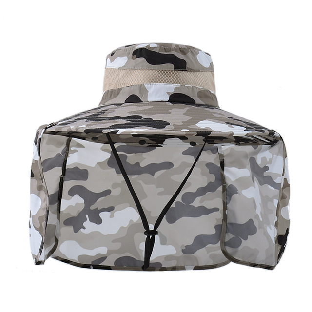 Summer Men Camouflage Bucket Hat With Neck Flap Outdoor Wide Brim Fishing Hats For Male Multifunction UV Protection Sun Hat