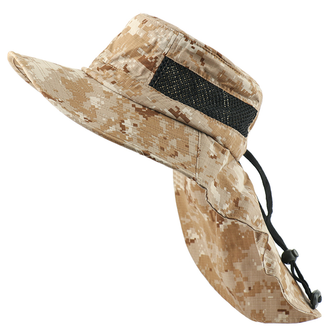 Summer Bucket Hat Men Camouflage Sun Hats Male Outdoor UV Protection Brim Hiking Cap With Neck Flap Mesh Breathable Cap