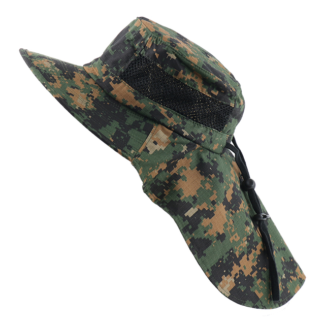 Summer Bucket Hat Men Camouflage Sun Hats Male Outdoor UV Protection Brim Hiking Cap With Neck Flap Mesh Breathable Cap