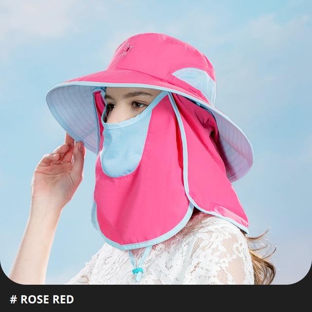 2in1Women Candy Color Bucket Hat Breathable Mesh Boonie Hat With Face Neck Flap Outdoor UV Protection Sun Beach Hats