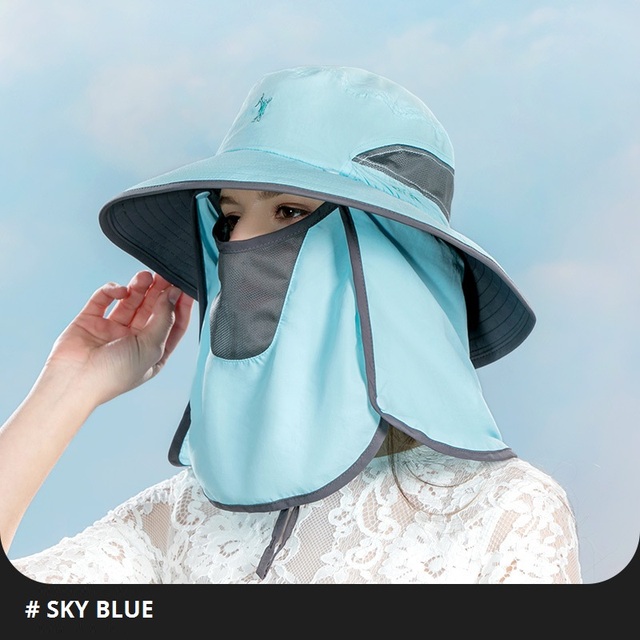 2in1Women Candy Color Bucket Hat Breathable Mesh Boonie Hat With Face Neck Flap Outdoor UV Protection Sun Beach Hats