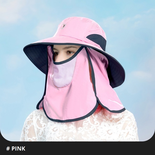 2in1Women Candy Color Bucket Hat Breathable Mesh Boonie Hat With Face Neck Flap Outdoor UV Protection Sun Beach Hats