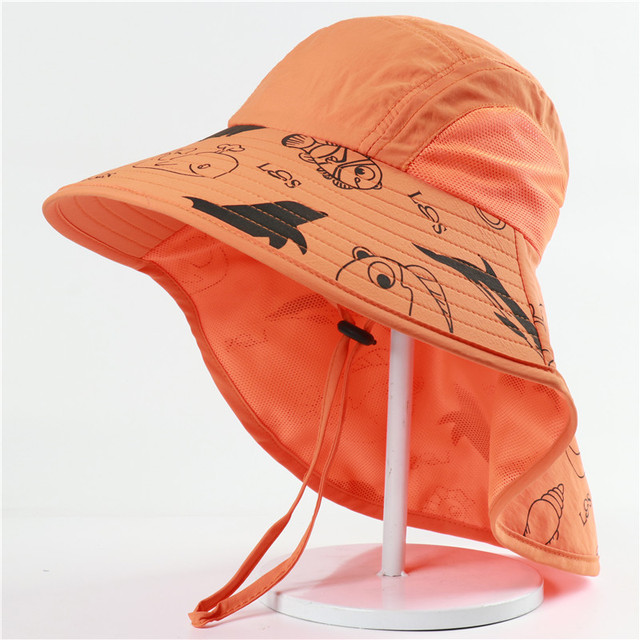 Child Waterproof Bucket Hat With Neck Flap Girls Cartoon Sun Hats Outdoor Summer Panama Hats Beach Caps