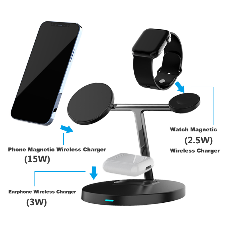 15W 3 In 1Magnetic Wireless Charger Stand Fast Charging Dock Bracket Suitable Watch Earphone