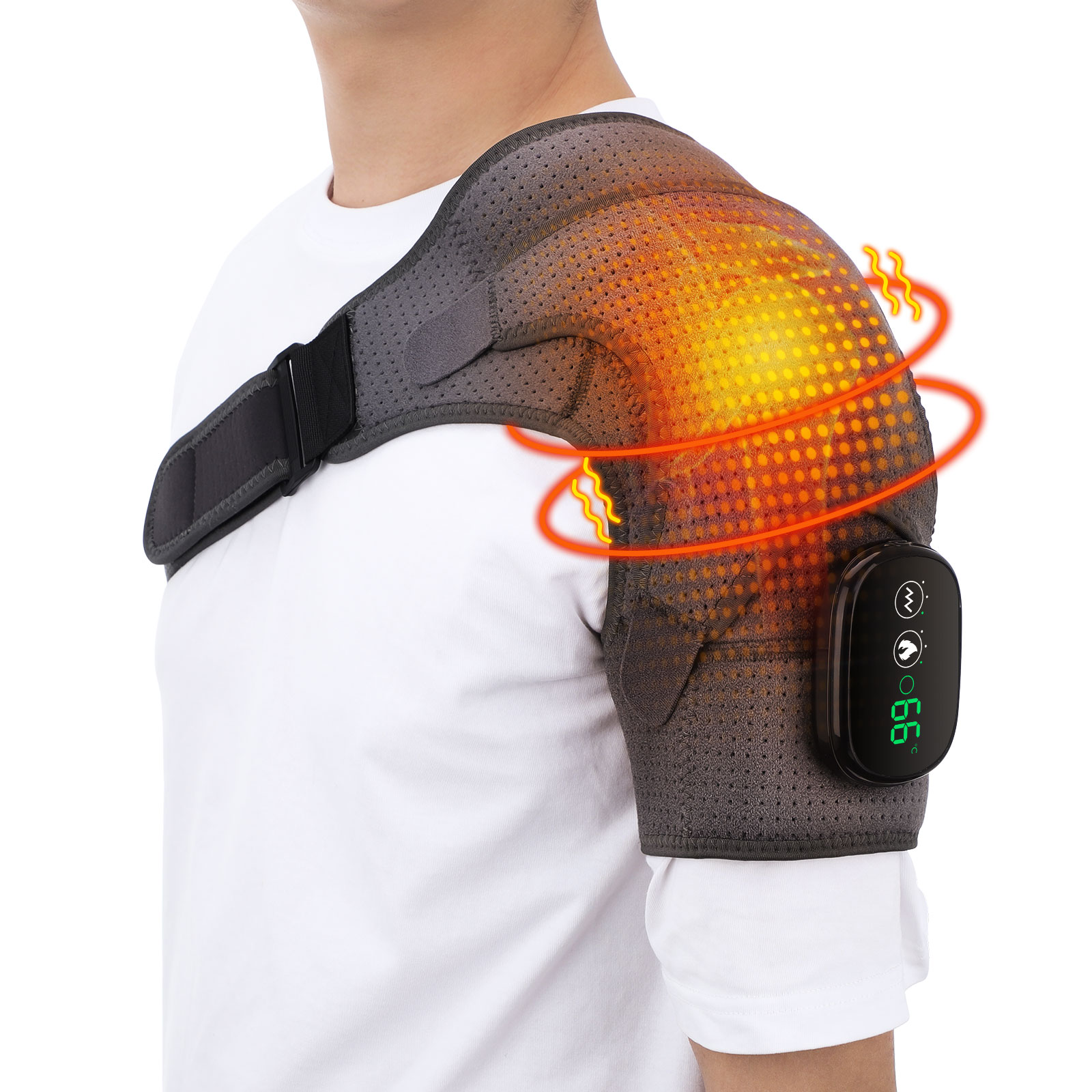 Adjustable LED Display Heated Vibration Shoulder Support Back Brace Single Shoulder Massager