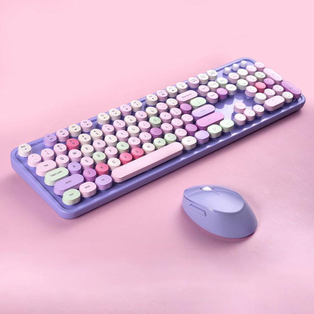 Candy Color 2.4G Wireless Keyboard and Mouse Comb Full Size Roud Keycap Keyboard Sets for Laptop PC Home Office Game