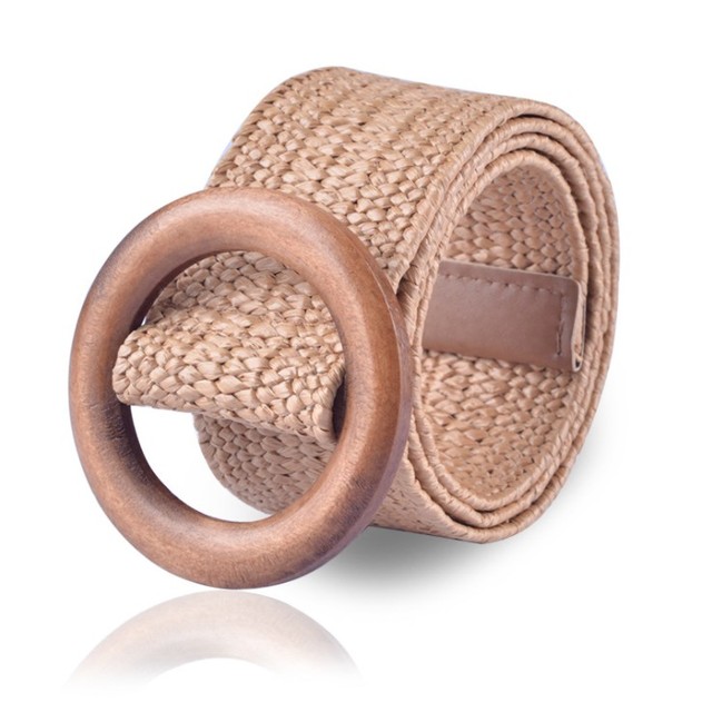 Vintage Boho Braided Waist Belt Summer Solid Female Belt Round Wooden Smooth Buckle Fake Straw Wide Belts For Women Hot Sale