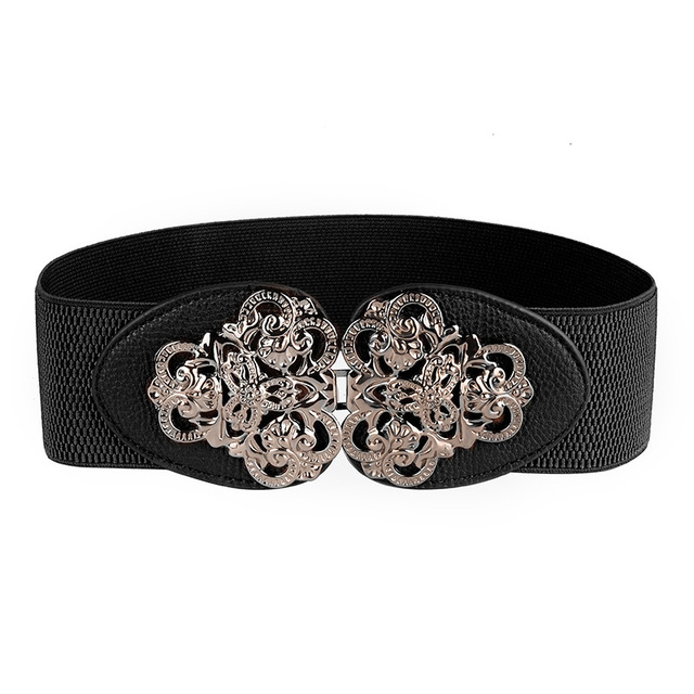 PU Leather Elastic Female Belt Stretch Wide Women Royal Buckle Waist Belt Black Dress Coat Plus Size