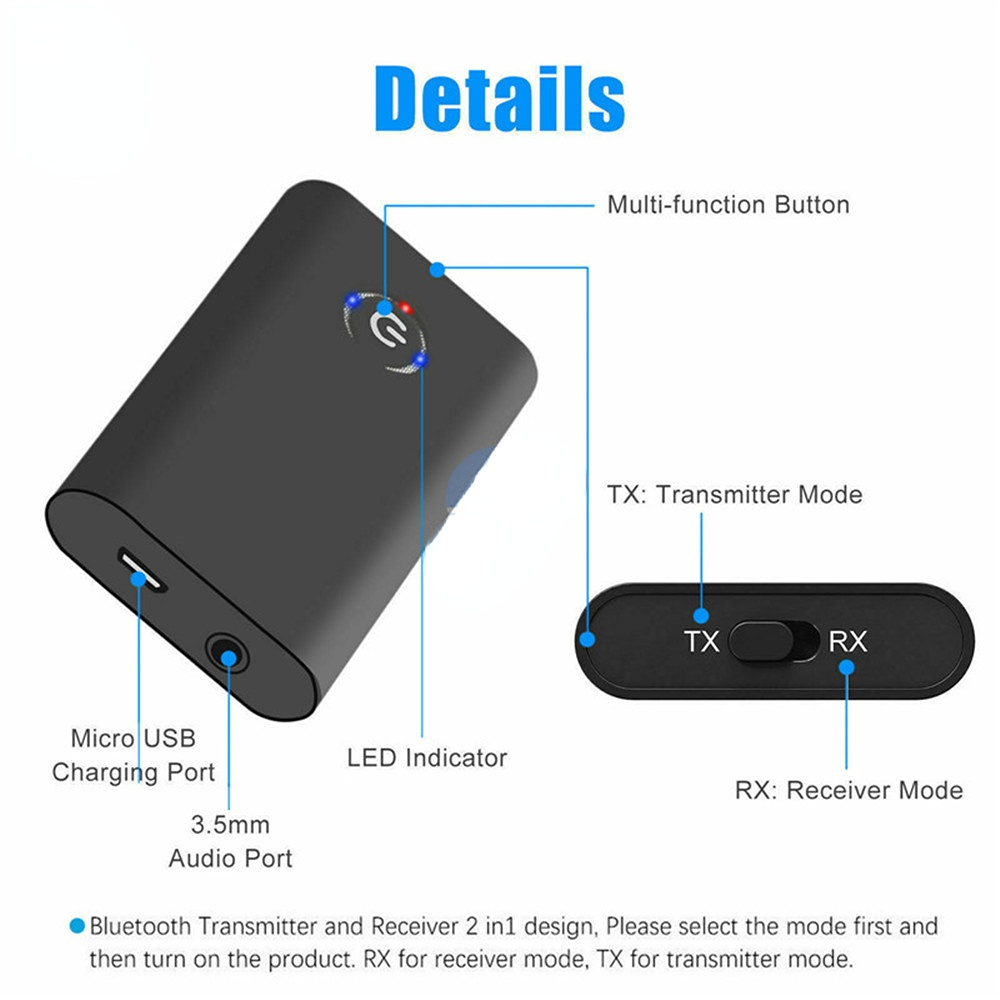 Bluetooth 5.0 Transmitter Receiver Wireless Audio Adapter 2 in 1 A2DP 3.5mm Jack Aux Bluetooth Adapter For PC TV Headphone Car