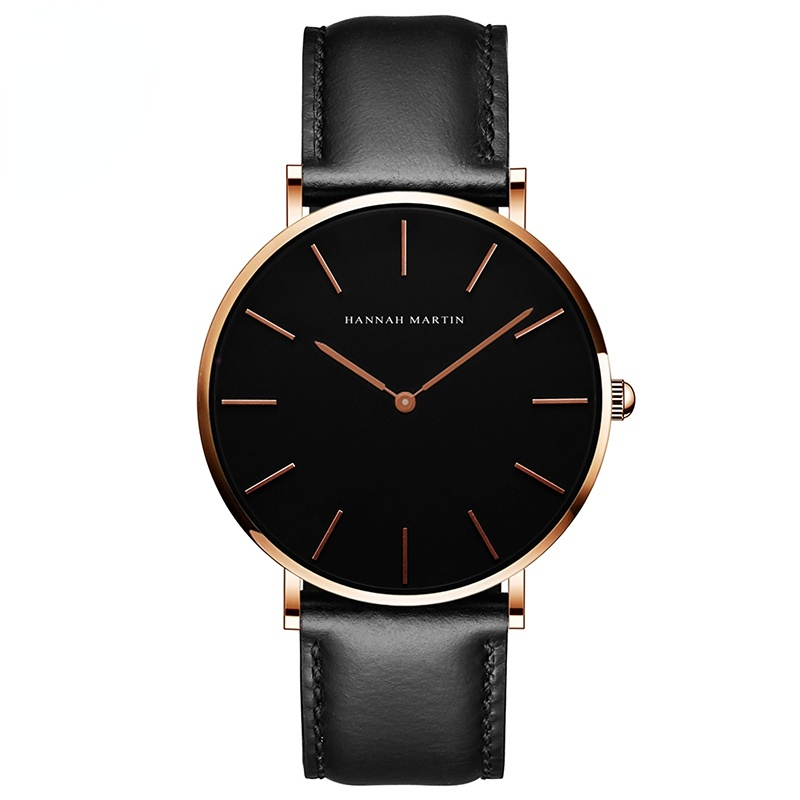 Hannah Martin High Quality Rose Gold Dial Watch Men Leather Waterproof Wristwatch Dress Fashion Japan Quartz Movement Saat