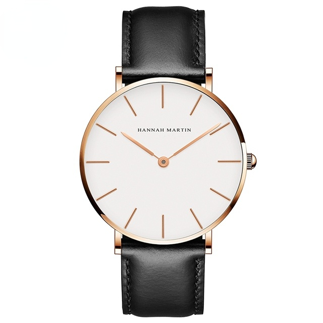 Hannah Martin High Quality Rose Gold Dial Watch Men Leather Waterproof Wristwatch Dress Fashion Japan Quartz Movement Saat