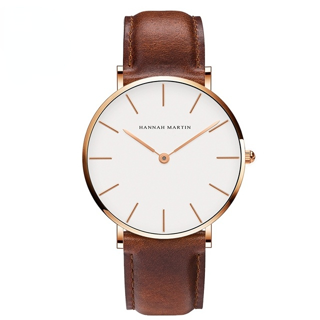 Hannah Martin High Quality Rose Gold Dial Watch Men Leather Waterproof Wristwatch Dress Fashion Japan Quartz Movement Saat
