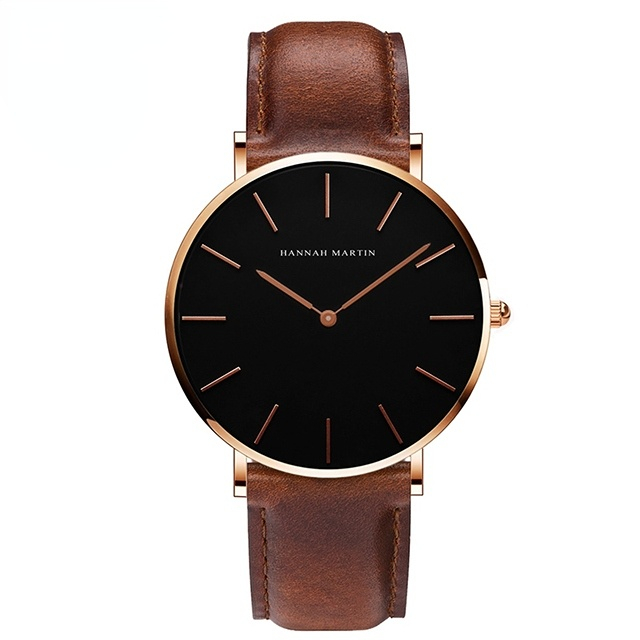 Hannah Martin High Quality Rose Gold Dial Watch Men Leather Waterproof Wristwatch Dress Fashion Japan Quartz Movement Saat