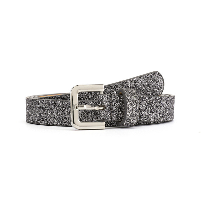 New Silver Sequins Buckle Pu Belt Women Fashion Shiny Pin Buckle Belts Female Dress Jeans Brand Design Waistband