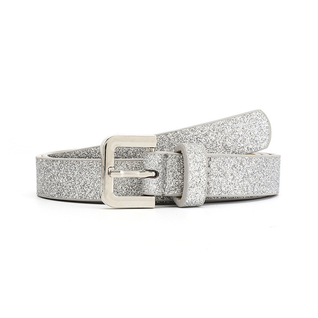 New Silver Sequins Buckle Pu Belt Women Fashion Shiny Pin Buckle Belts Female Dress Jeans Brand Design Waistband