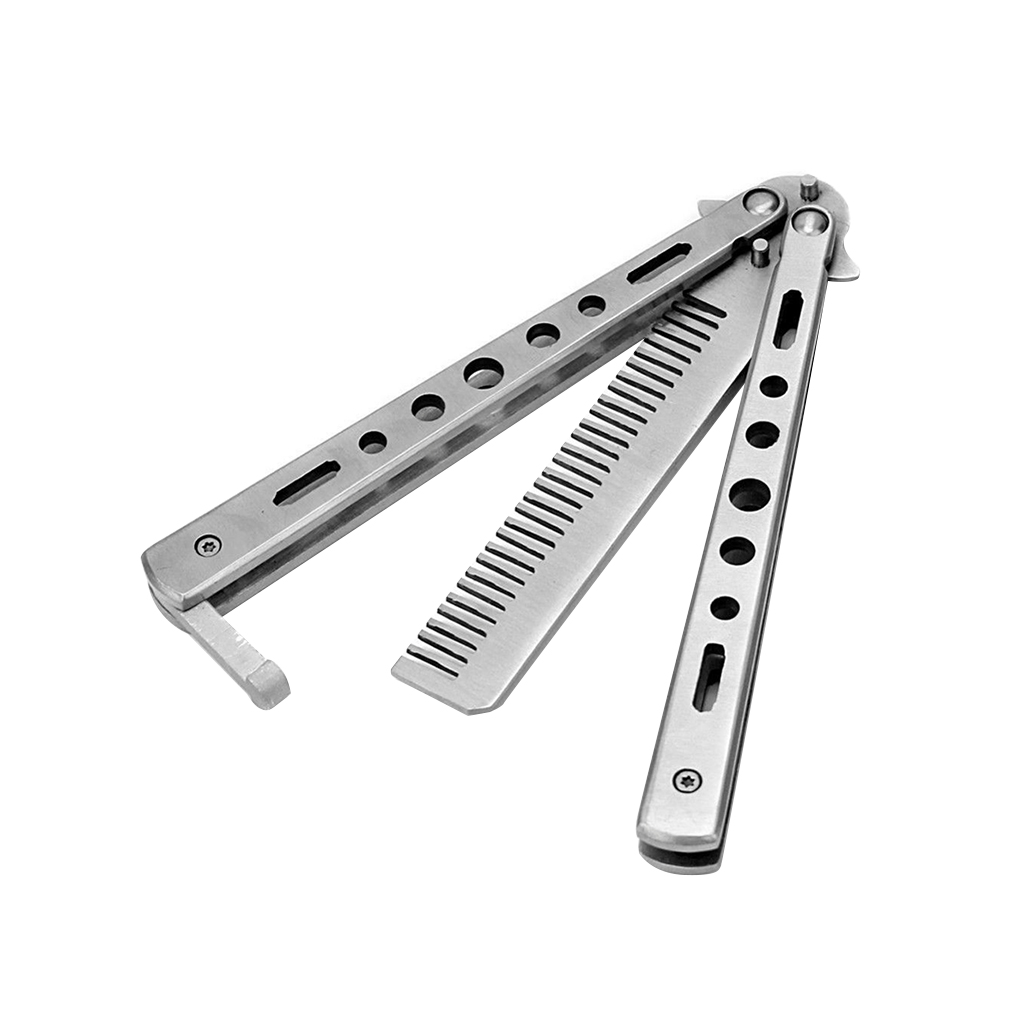 Professional Salon Stainless Steel Folding Practice Training Butterfly Style Knife Hair Comb Styling Tools Black/Silver Cool