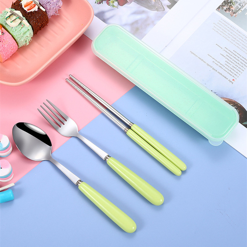 New 3Pcs Ceramics Handle Portable Tableware Stainless Steel Children's Cutlery Set Spoon Fork Chopsticks Home Kitchen Utensils