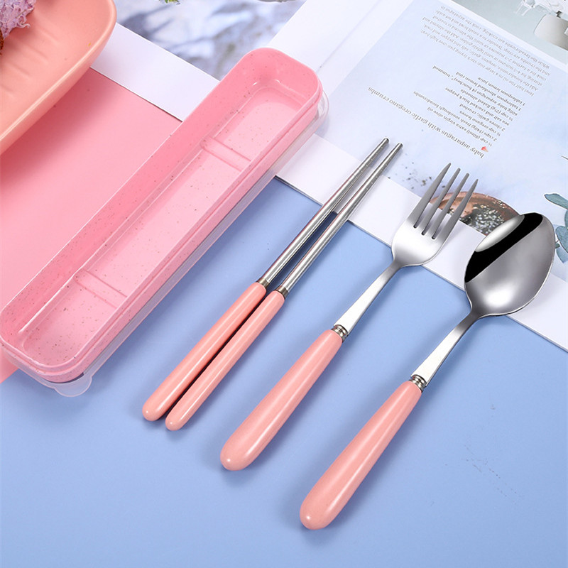 New 3Pcs Ceramics Handle Portable Tableware Stainless Steel Children's Cutlery Set Spoon Fork Chopsticks Home Kitchen Utensils