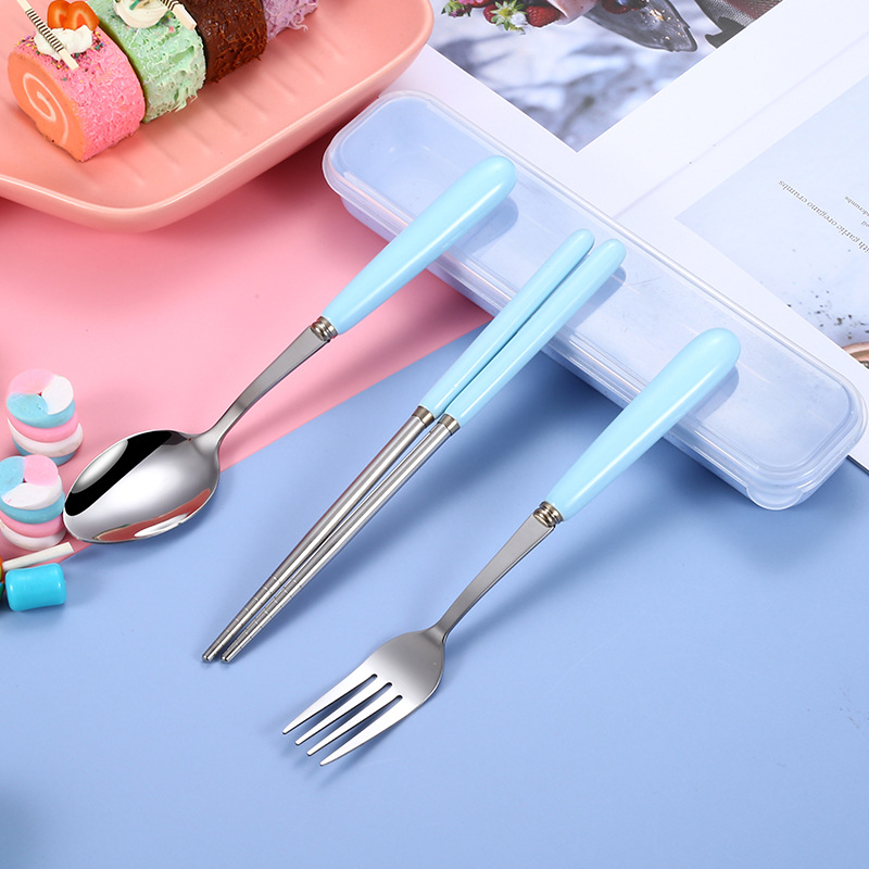 New 3Pcs Ceramics Handle Portable Tableware Stainless Steel Children's Cutlery Set Spoon Fork Chopsticks Home Kitchen Utensils