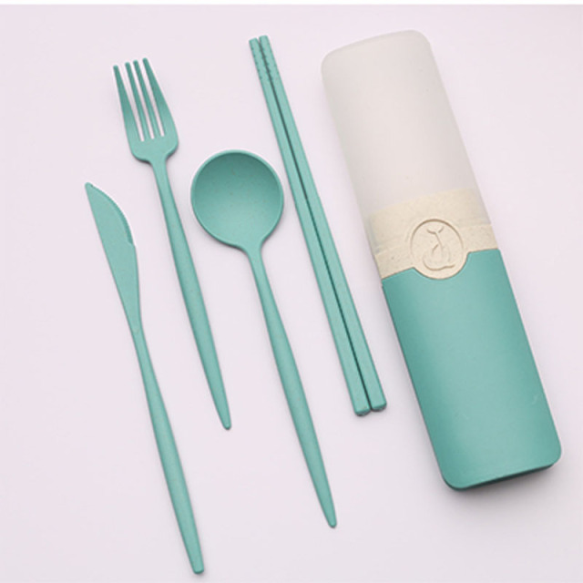 Portable Reusable Spoon Fork Travel Picnic Chopsticks Wheat Straw Tableware Cutlery Set With Carrying Box For Student Office