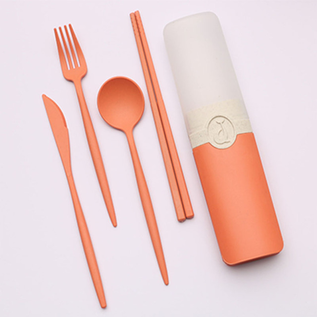 Portable Reusable Spoon Fork Travel Picnic Chopsticks Wheat Straw Tableware Cutlery Set With Carrying Box For Student Office