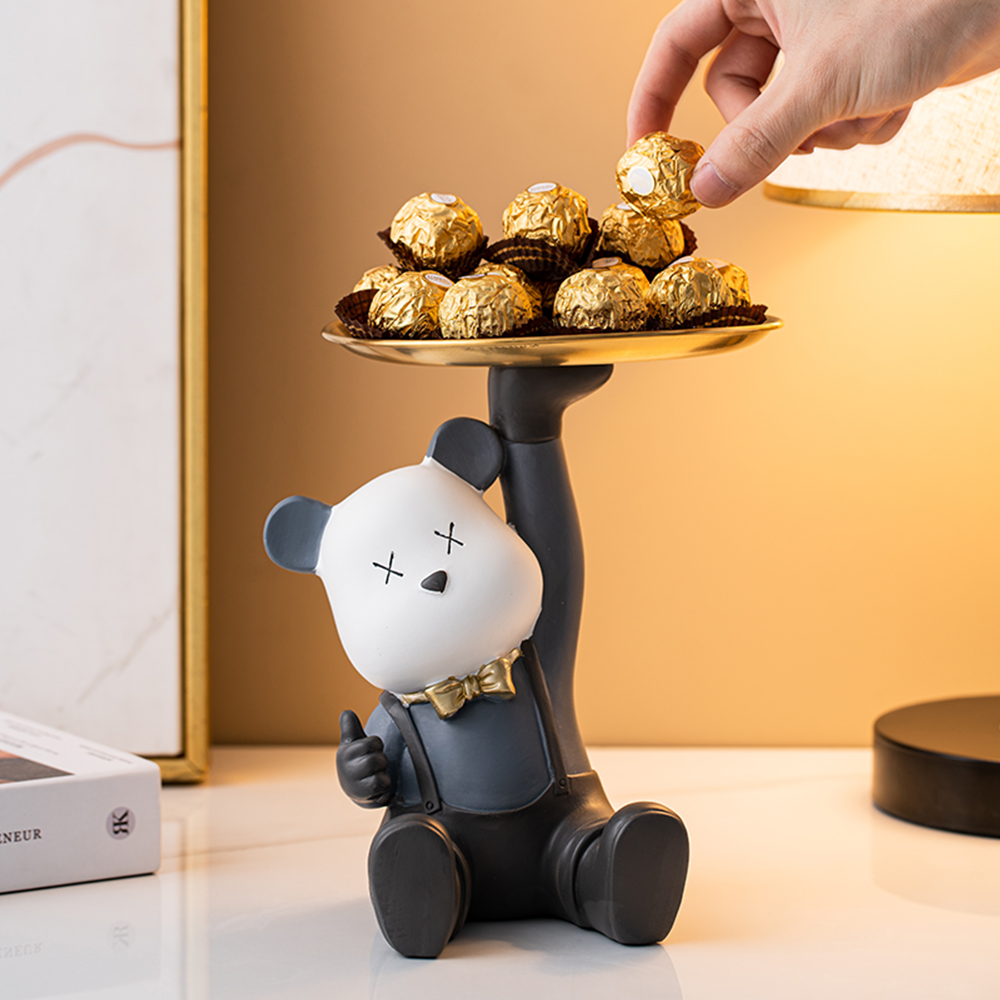 Modern Home Decoration Resin Bear Statue Tray Office Creative Desktop Storage Ornament Living Room Candy Key Storage Plate Gift