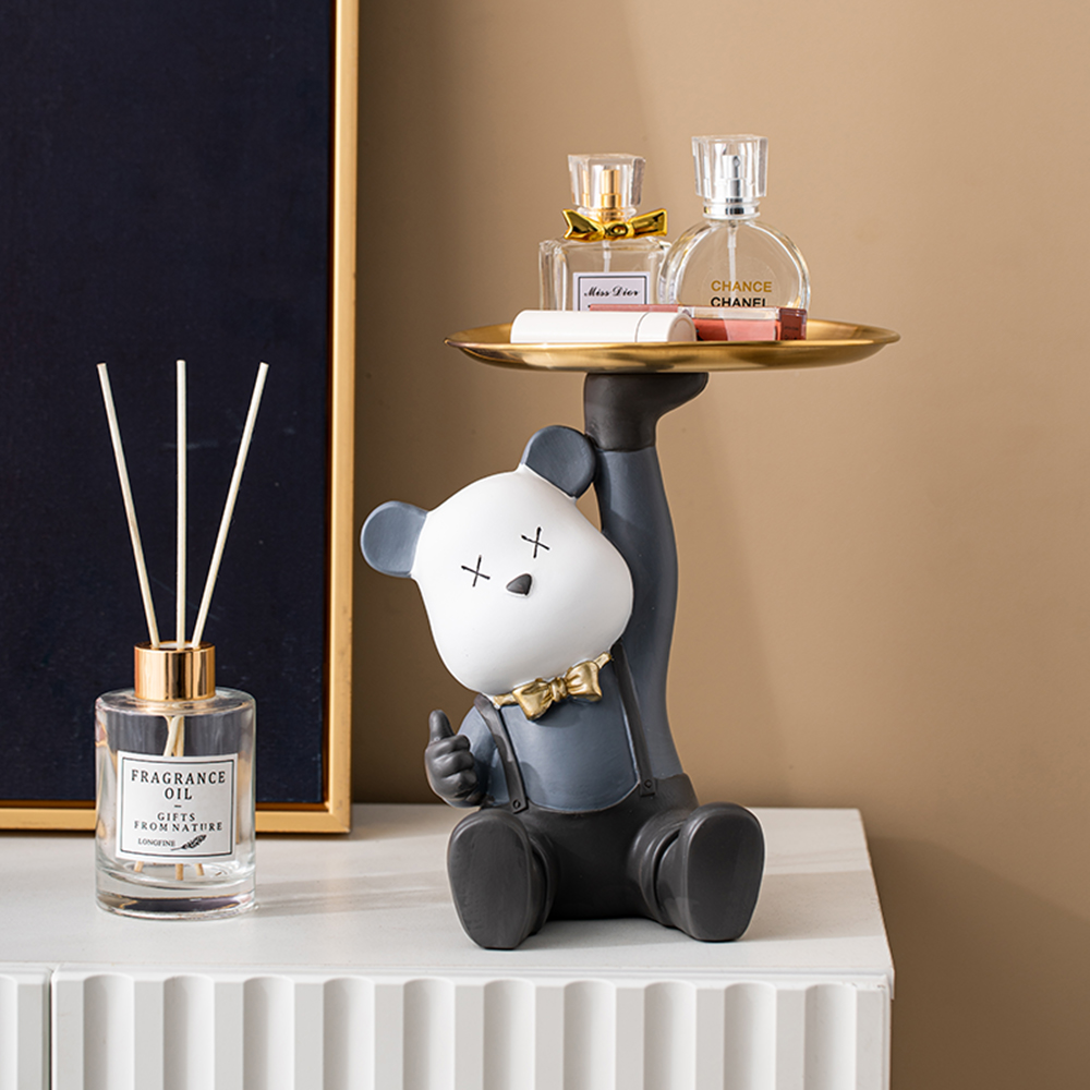Modern Home Decoration Resin Bear Statue Tray Office Creative Desktop Storage Ornament Living Room Candy Key Storage Plate Gift