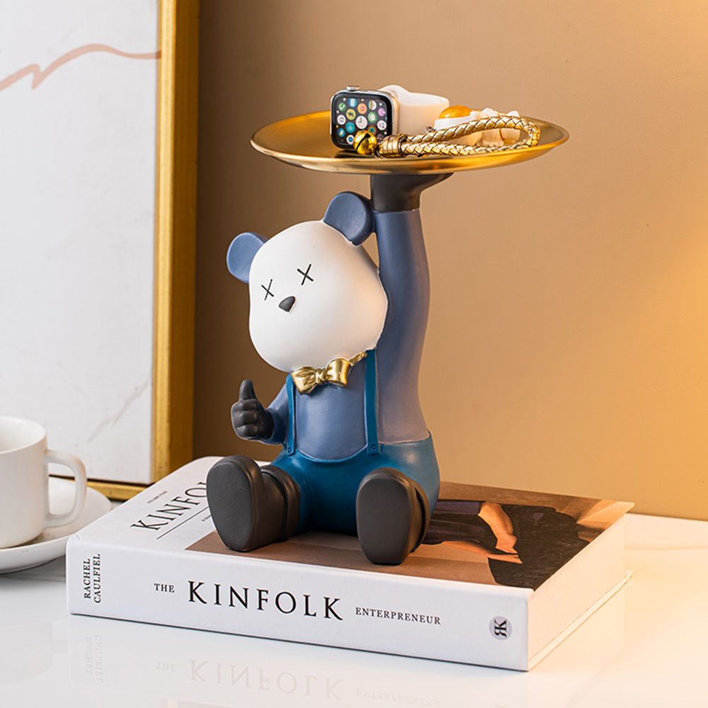 Modern Home Decoration Resin Bear Statue Tray Office Creative Desktop Storage Ornament Living Room Candy Key Storage Plate Gift