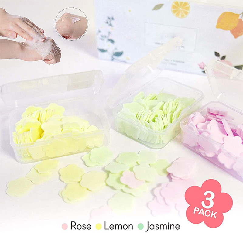 3pcs Box Disposable Cute Mini Flower Shape Paper Soap with Box Hand-washing Soap Paper Flakes Portable Handwashing Soap Bathroom Products