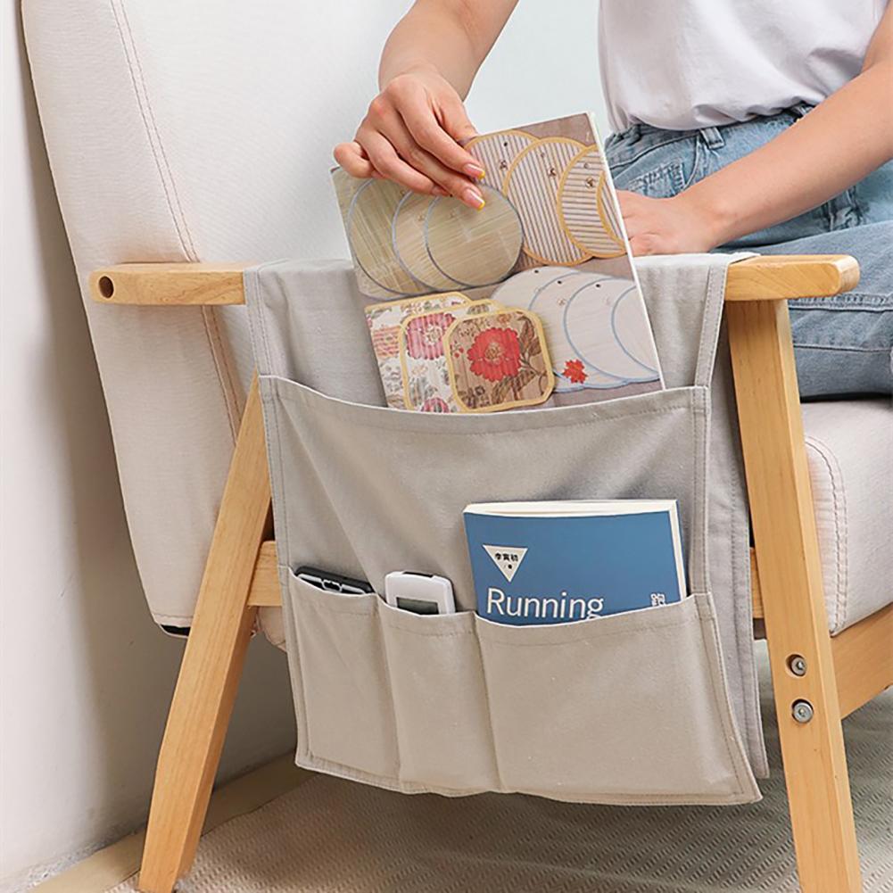 Sofa Organizer Canvas Bedside Storage Organizer Anti-slip Bedside Bag Arm Rest Remote Control Holder Pockets for Couch