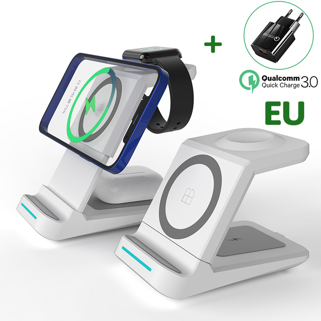 3 In 1 Magnetic Wireless Charger Stand 30W Qi Fast Charging Dock for Apple Watch iWatch 7 AirPods Pro For iPhone Samsung Xiaomi