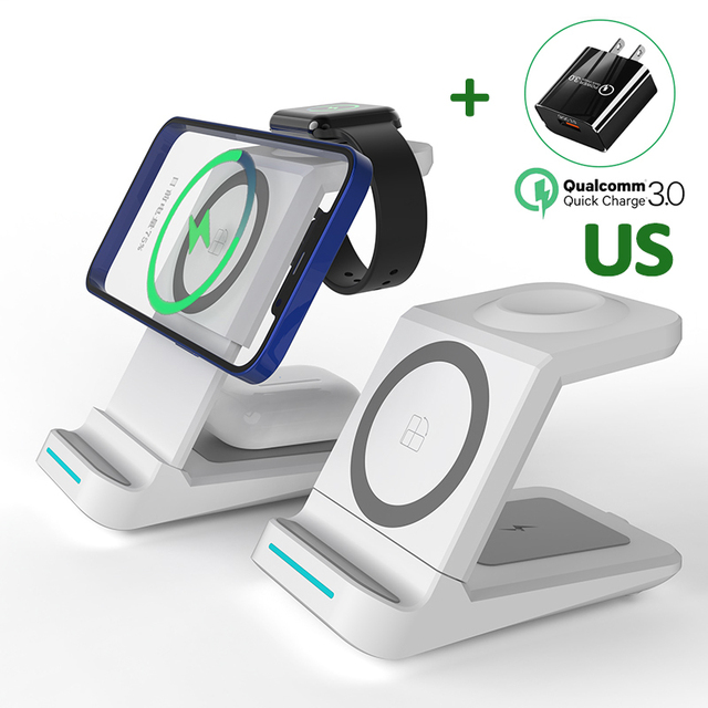 3 In 1 Magnetic Wireless Charger Stand 30W Qi Fast Charging Dock for Apple Watch iWatch 7 AirPods Pro For iPhone Samsung Xiaomi