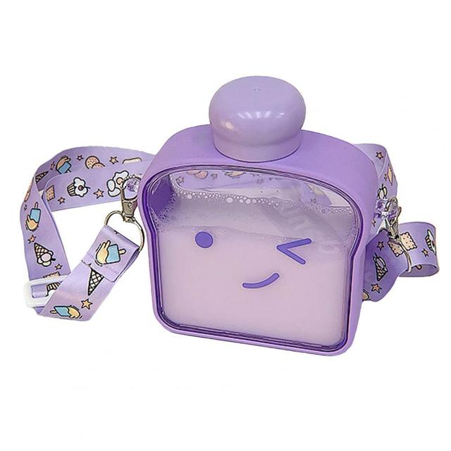 380ml Cute Expression Water Bottle Leak-proof Large Capacity Plastic Flat Water Bottle Square Drink Cup for Girls Dining