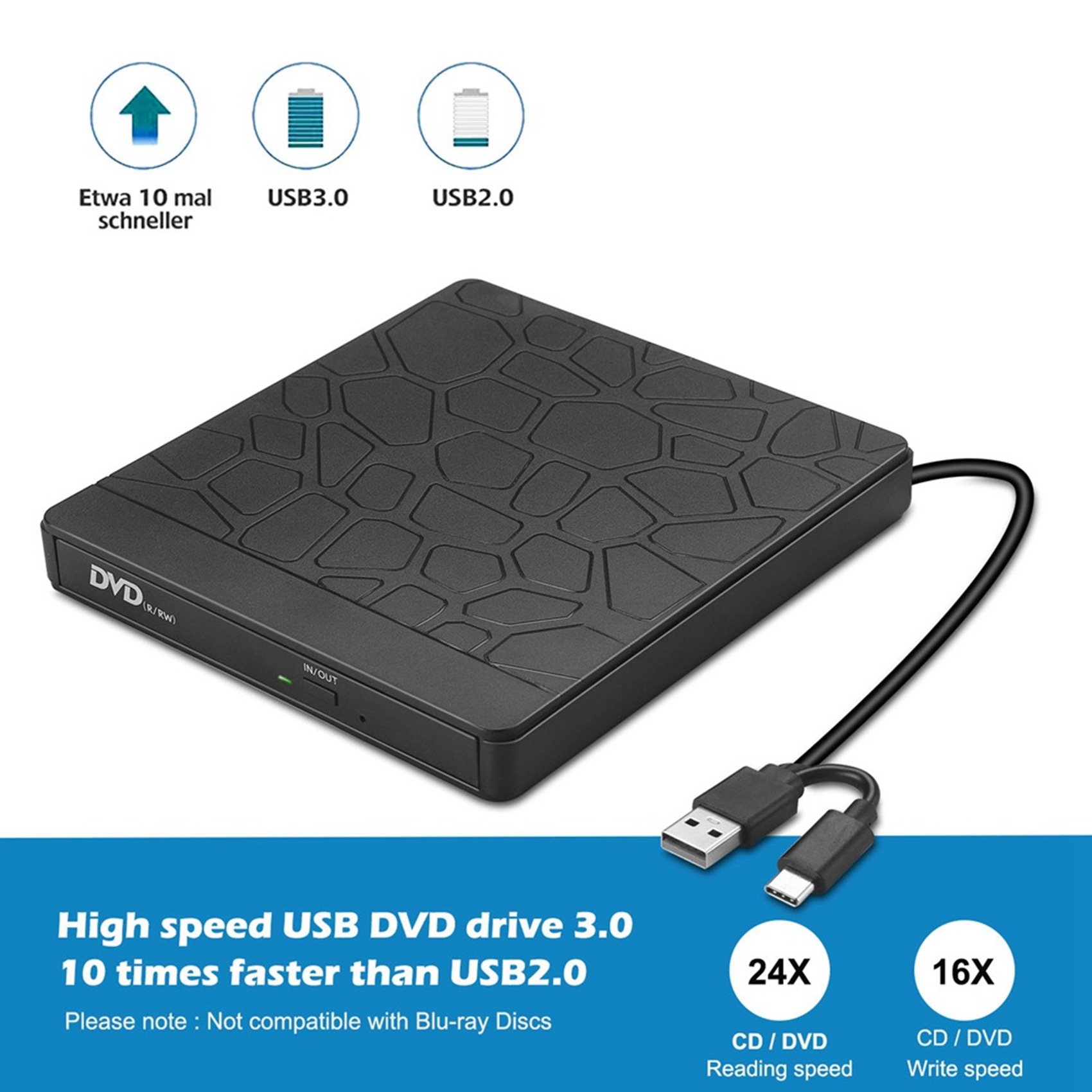 External DVD Drive, USB 3.0 DVD Burner , Type-C CD/ DVD-RW Player Writer Reader Optical Disk Drive for Mac, PC Windows