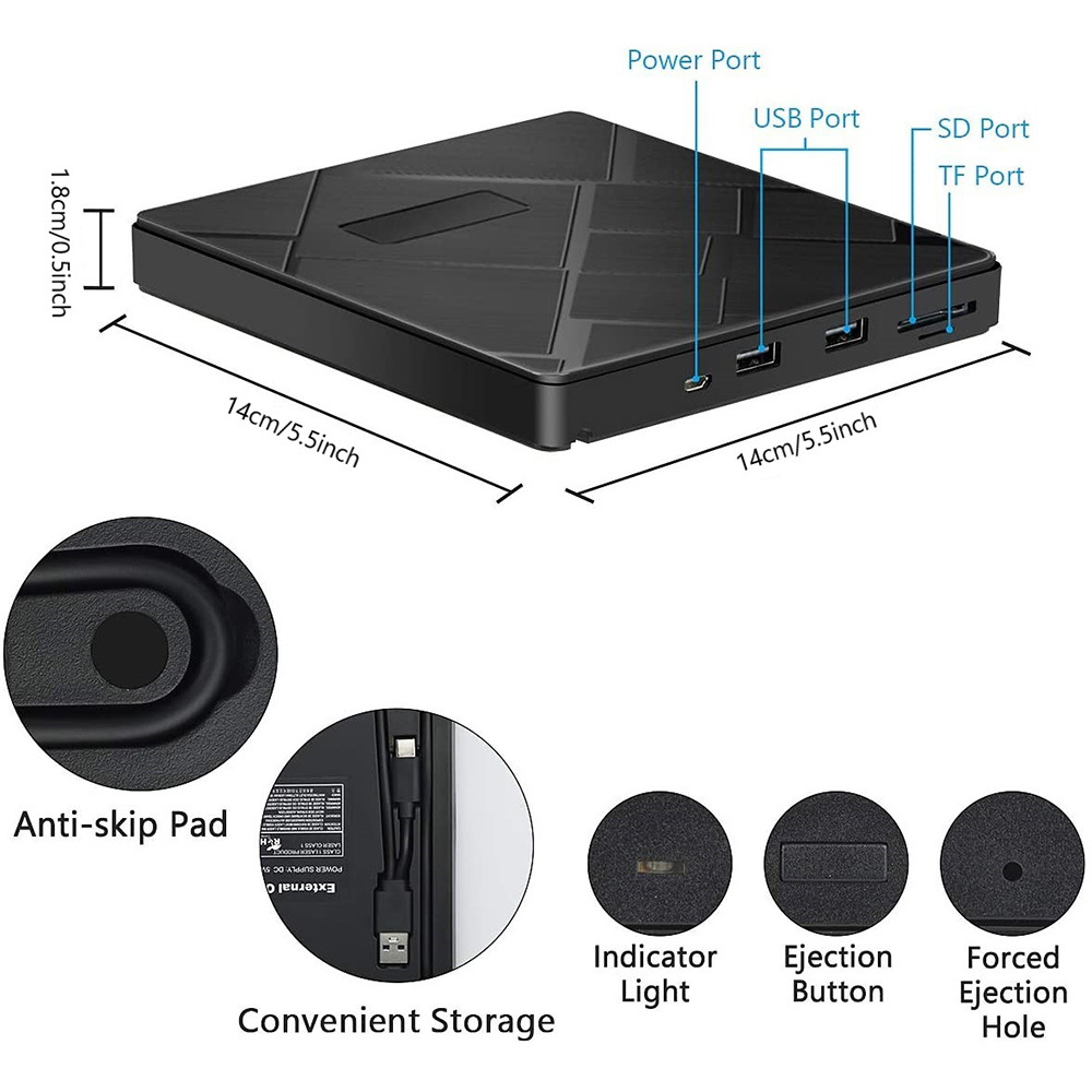 External CD Drive,USB 3.0 & Type C DVD Drive with SD / TF Card Reader CD DVD RW Burner Portable 2 USB Ports Drive