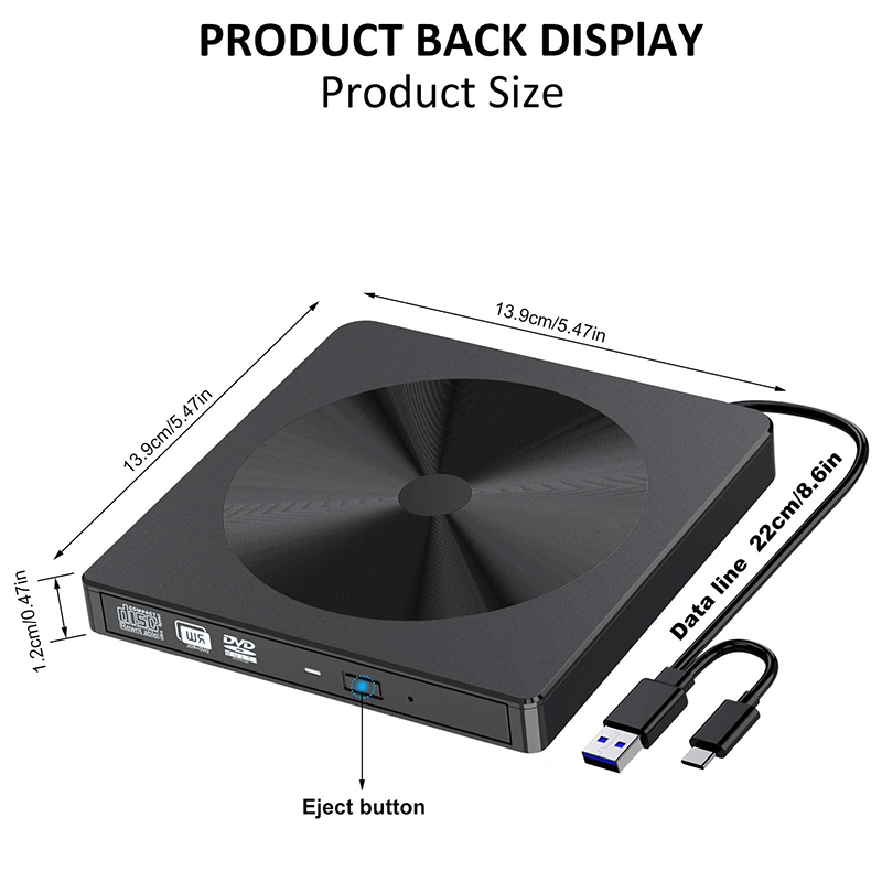 External Bluray DVD Drive, USB 3.0 and Type-C Blu-Ray Burner DVD Burner Slim Portable 3D Bluray CD DVD Drive