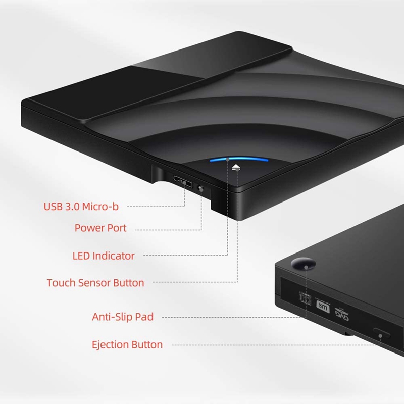 External CD DVD Drive, USB 3.0 & Type C Adapter CD DVD RW Reader Burner Player, Portable DVD CD Drive for Laptop