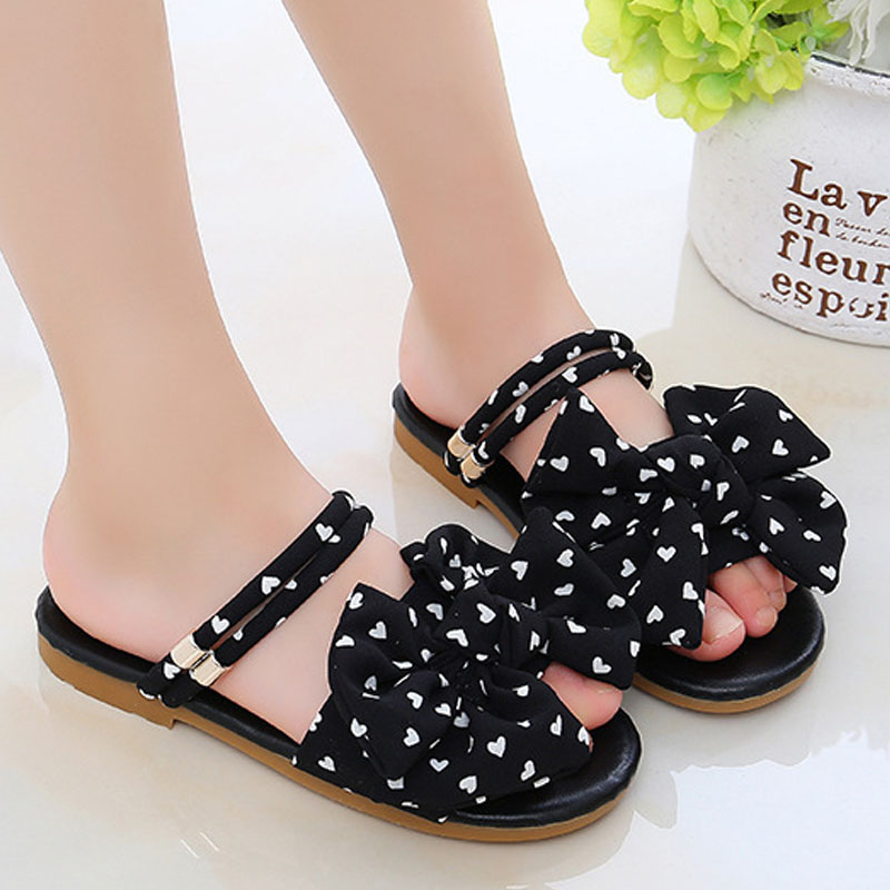 Summer Little Girls Sandals Kids Shoes Wave Point Bow Cute Black White Green Children Sandals Baby Soft Casual School Girl Shoes