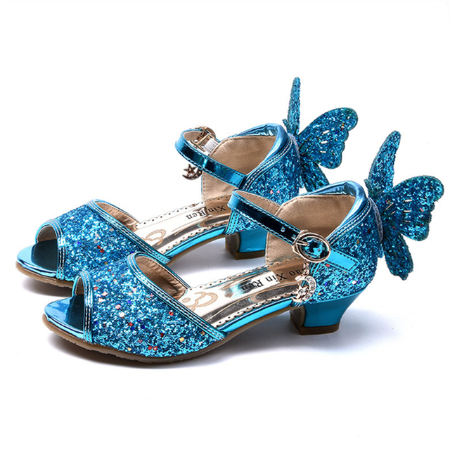 Princess Girls Sandals Kid Butterfly Diamond High Heel Children Glitter Latin Dance Sequins Shoes Summer Girl Party Crystal Shoe