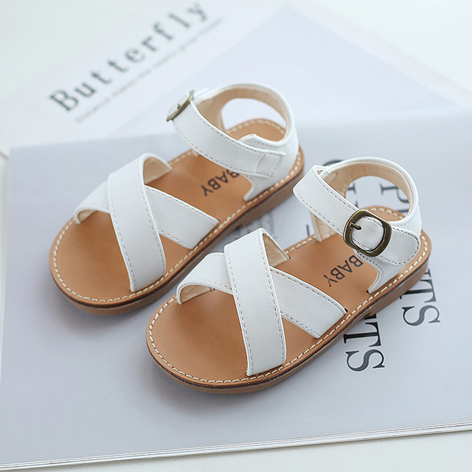 Kids Sandals Children Girls Open-toed Princess Beach Shoes Soft-soled Non-slip Sandals Summer Cross Bandage Buckle Strap Sandals