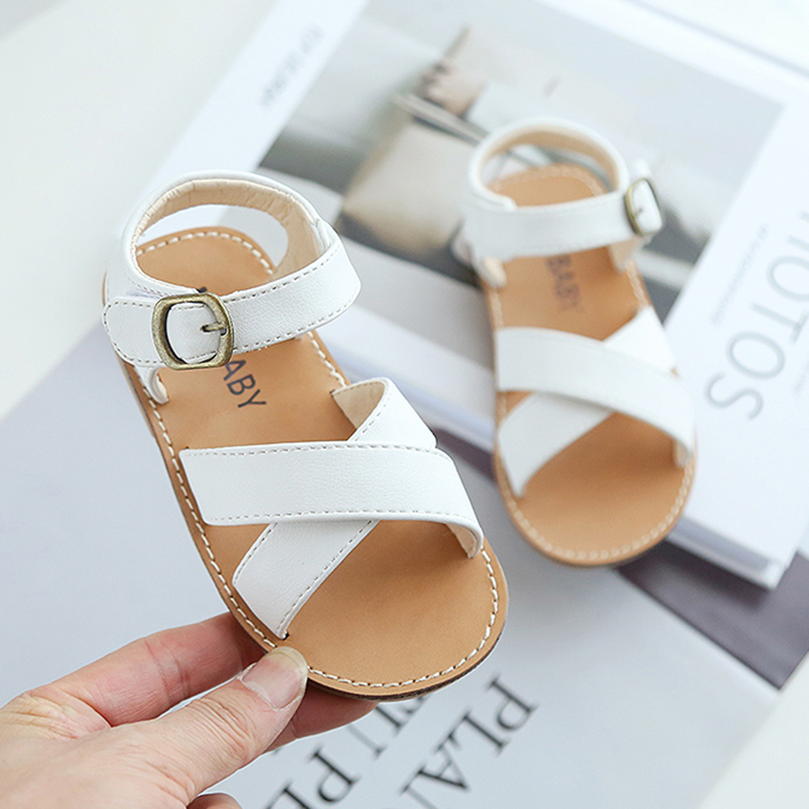 Kids Sandals Children Girls Open-toed Princess Beach Shoes Soft-soled Non-slip Sandals Summer Cross Bandage Buckle Strap Sandals